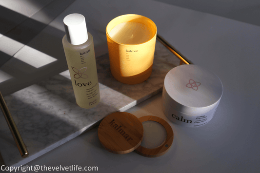 Kalmar products review Peace Balm of Serenity, Love Sensual Senses Bath Oil, Calm Soothing Body Cream, and Joy Scented Candle ~ The Velvet Life X Kalosophie Canada Luxury Beauty